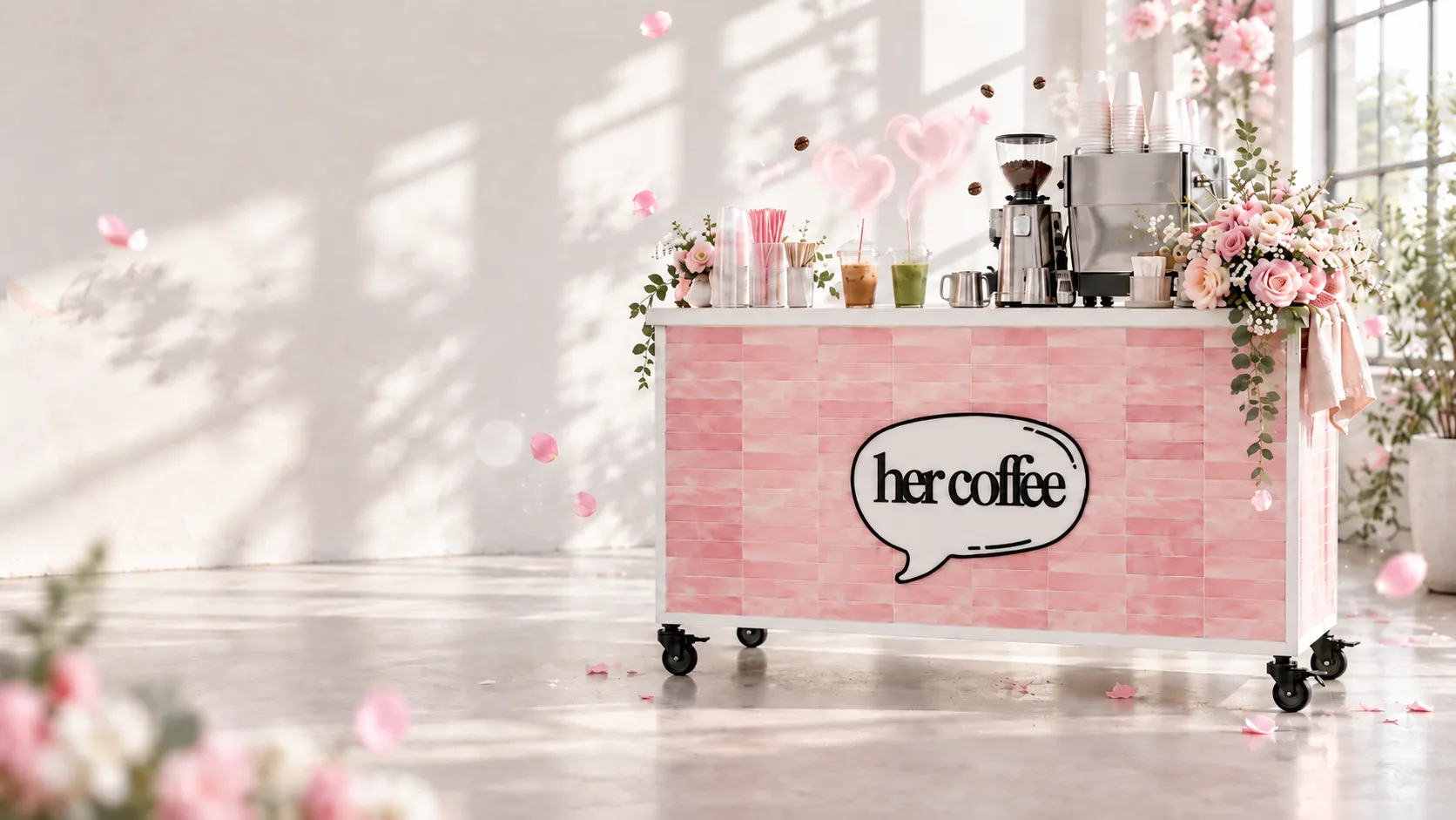 The her coffee pink-tiled cart in a sunlit room, topped with an espresso machine, iced coffee and matcha, and pink roses, with heart-shaped steam rising
